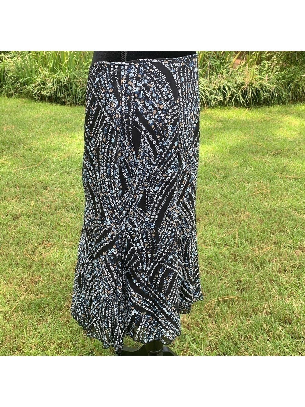 Dark floral midi godet skirt blue tiny print column spring summer fall boho